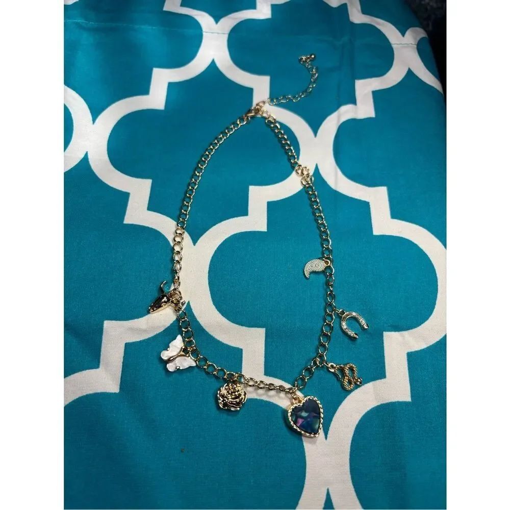 New 16” Gold Charm Necklace with Heart and Floral Charms - Women Jewelry